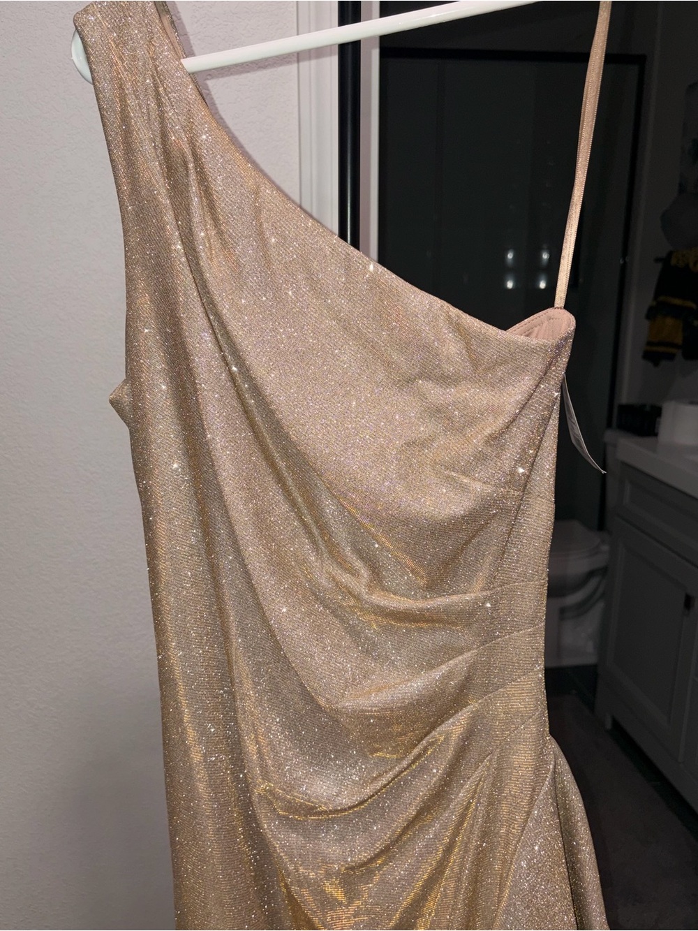 NWT XSCAPE MISHA" GLITTER KNIT ONE SHOULDER SIDE CINCHED W FLARE DRESS SIZE 10 - Picture 9 of 11
